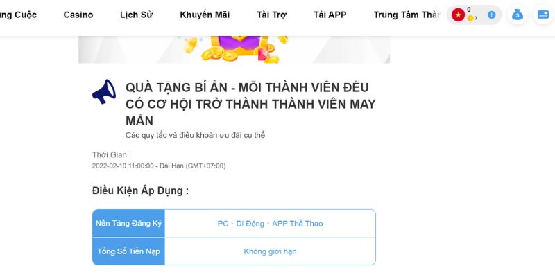Website trang chủ mang đến chương trình khuyến mãi đặc biệt “Quà tặng bí ẩn”